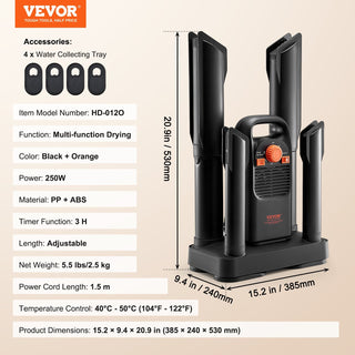 VEVOR Detachable 4-Tube Shoe Dryer With Timer And Quick Drying Black & Orange,Ultra Silent, Quick Drying For Work Boots, Ski Boots, Sneakers, Gloves, Hats, Helmets