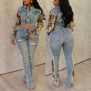 Denim Outfits 2 Piece Set for Women Jeans Set Two Piece Trendy Streetwear Jacket Crop Jeans Women's Jean Set Pant and Jacket