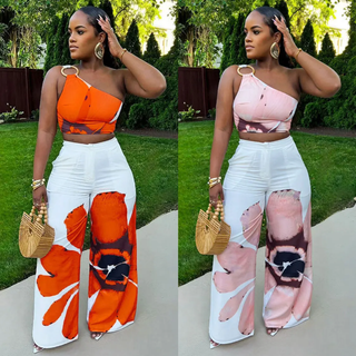 Summer Outfits for Women Slim Single Shoulder Printed Top and Wide Leg Pants Two Piece Set for Women