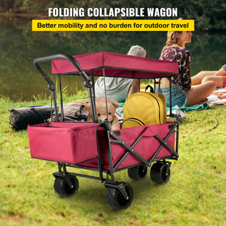 VEVOR Extra Large Collapsible Garden Cart With Removable Canopy, Folding Wagon Utility Carts With Wheels And Rear Storage, Wagon Cart For Garden, Camping, Grocery Cart, Shopping Cart, Red