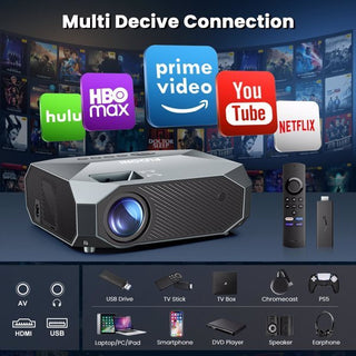 Projector With 5G WiFi And Bluetooth, Native 1080P, Supports 4K, Suitable For Mobile Phones, PCs, TV Sticks & PS5