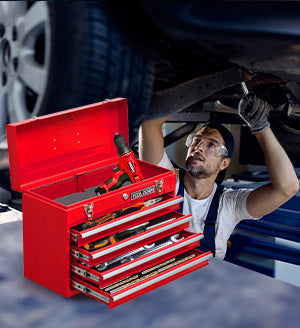 20.3inch Metal Tool Box With 2-4 Drawers Portable Steel Tool Chest With Metal Cylinder Lock And Latch Closure, Black And Red Two Color Powder Coating, Suitable For Garage, Warehouse