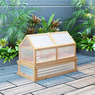 Outsunny Raised Garden Bed With Polycarbonate Greenhouse, Wooden Garden Cold Frame Greenhouse, Flower Planter Protection, 48 X 24 X 32, Natural