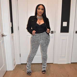 Plus Size Women Knitting Stripe High Waist Trousers