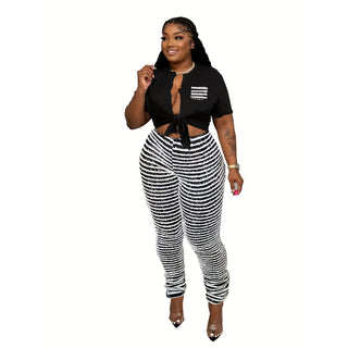 Plus Size Women Knitting Stripe High Waist Trousers