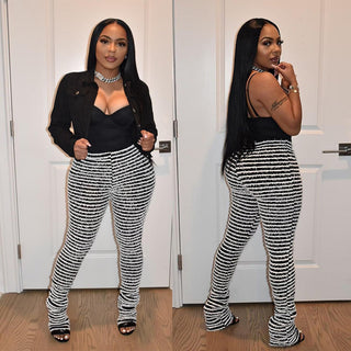 Plus Size Women Knitting Stripe High Waist Trousers