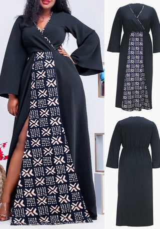 Spring And Autumn Women's Wrap V-Neck Side Slit Slim Waist Plus Size Dress