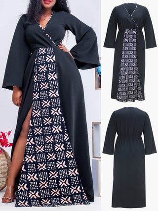 Spring And Autumn Women's Wrap V-Neck Side Slit Slim Waist Plus Size Dress