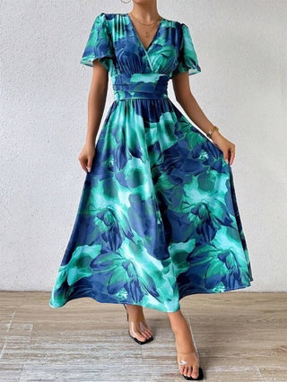 Plus Size Women Elegant V Neck Tie-Dye Print Maxi Dress