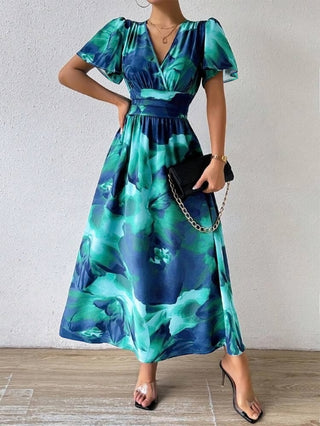 Plus Size Women Elegant V Neck Tie-Dye Print Maxi Dress