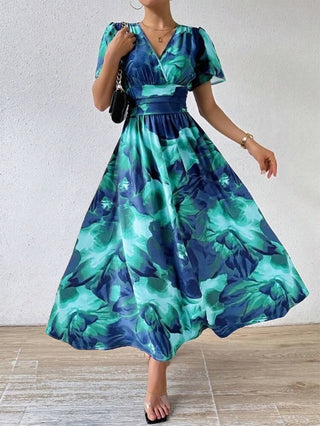 Plus Size Women Elegant V Neck Tie-Dye Print Maxi Dress