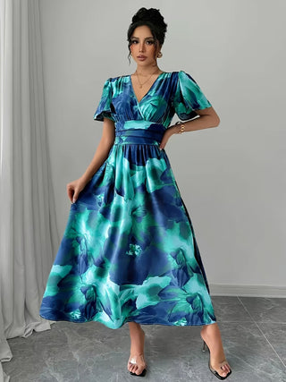 Plus Size Women Elegant V Neck Tie-Dye Print Maxi Dress