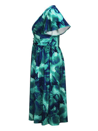 Plus Size Women Elegant V Neck Tie-Dye Print Maxi Dress