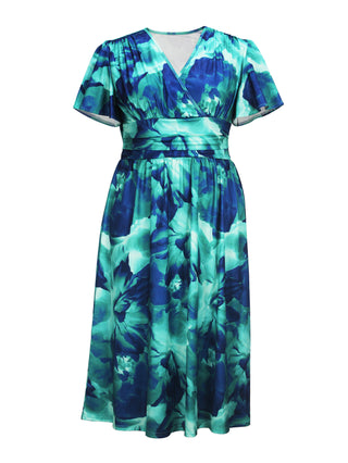 Plus Size Women Elegant V Neck Tie-Dye Print Maxi Dress