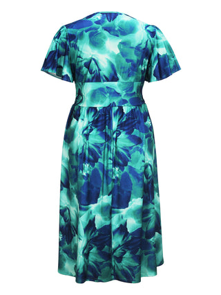 Plus Size Women Elegant V Neck Tie-Dye Print Maxi Dress