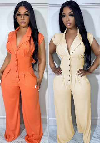 Button Elastic Short Sleeve Stand Collar Wide Leg Jumpsuit