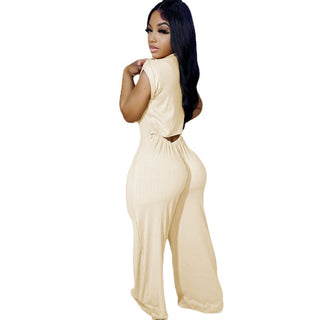 Button Elastic Short Sleeve Stand Collar Wide Leg Jumpsuit