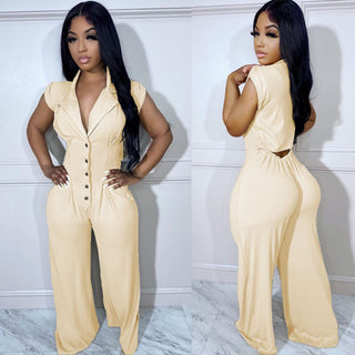Button Elastic Short Sleeve Stand Collar Wide Leg Jumpsuit