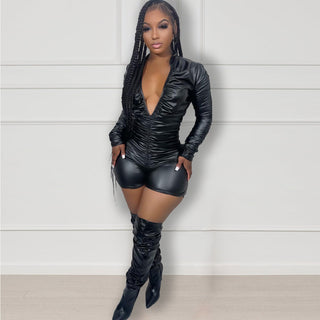 Women's Solid Color V-Neck Long Sleeve Ruched High Stretch Pu Leather Jumpsuit