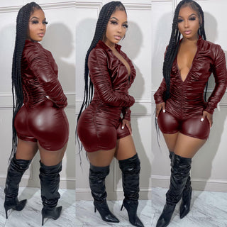 Women's Solid Color V-Neck Long Sleeve Ruched High Stretch Pu Leather Jumpsuit