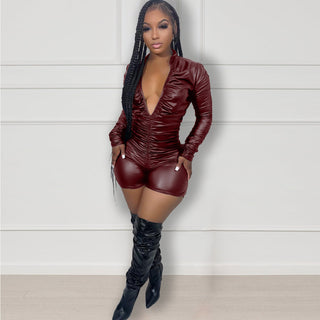 Women's Solid Color V-Neck Long Sleeve Ruched High Stretch Pu Leather Jumpsuit