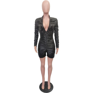 Women's Solid Color V-Neck Long Sleeve Ruched High Stretch Pu Leather Jumpsuit