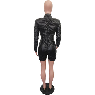 Women's Solid Color V-Neck Long Sleeve Ruched High Stretch Pu Leather Jumpsuit