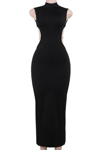 Black Celebrities Solid Patchwork Backless With Bow Half-A-Turtleneck Long-Dress - Thomas Family Essentials LLC