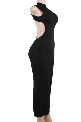 Black Celebrities Solid Patchwork Backless With Bow Half-A-Turtleneck Long-Dress - Thomas Family Essentials LLC