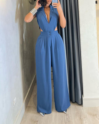 Women Sleeveless Turndown Collar Wide Leg Jumpsuit