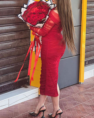 Women Career red Off Shoulder Mesh long sleeve Pleated dress