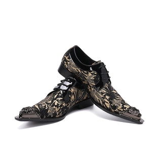 Golden Printing Lace Up Men Cow Leather Shoes Men Large Size Business Banquet Slip on Shoes Pointed Toe Formal Party Dress Shoes