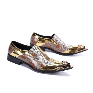 Handmade Pointed Toe Metal Tip Genuine Leather Men Dress Shoes Snakeskin Evening Party Wedding Shoes Hairdress Sexy Gold Oxfords