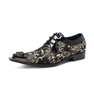 Golden Printing Lace Up Men Cow Leather Shoes Men Large Size Business Banquet Slip on Shoes Pointed Toe Formal Party Dress Shoes