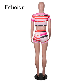 Woman Sexy Color Contrast Two Piece Set Stripe Print Short Sleeve Single-breasted Crop Top Shorts Slim Outfits Summer Thomas Family Essentials