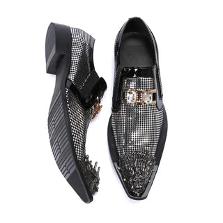 Silver Sequins Men Formal Party Brogue Shoes Large Size Pointed Toe Club Banquet Shoes Male Business Real Leather Dress Shoes