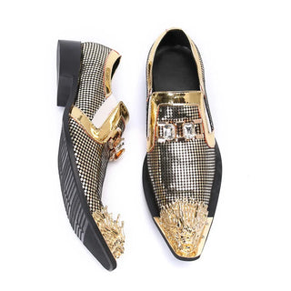 Sequins Patchwork Men Party Shoes Fashion Gold Pointed Toe Wedding Dress Shoes Male Business Large Size Real Leather Shoes