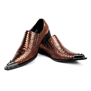 Christia Bella Italian Style Brown Snakeskin Pattern Men Dress Shoes Metal Pointed Toe Men Genuine Leather Shoes Party Men Shoes