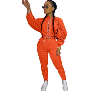 Winter Women Clothing Solid Color Bandage Cotton Outfit Tracksuit Sweatsuit Two Piece Jogger Set