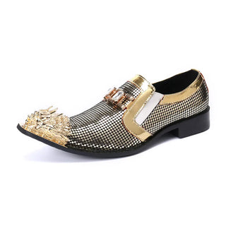 Sequins Patchwork Men Party Shoes Fashion Gold Pointed Toe Wedding Dress Shoes Male Business Large Size Real Leather Shoes