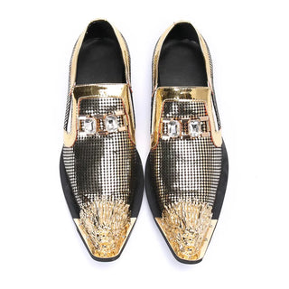 Sequins Patchwork Men Party Shoes Fashion Gold Pointed Toe Wedding Dress Shoes Male Business Large Size Real Leather Shoes