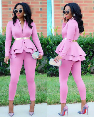 Ladies Slim Fitting Business Suits Falbala Style Pink Deep V-Neck Collect Waist Women'S Suits & Tuxedo