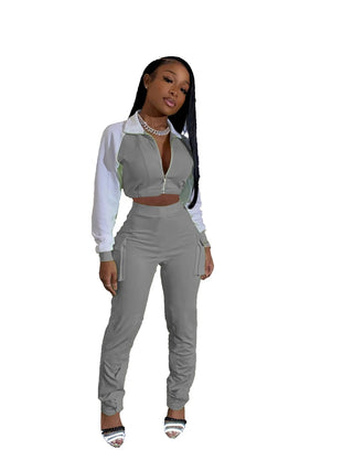 Casual long sleeve crop top with cargo pants 2 piece set fall tracksuit