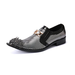 Silver Sequins Men Formal Party Brogue Shoes Large Size Pointed Toe Club Banquet Shoes Male Business Real Leather Dress Shoes