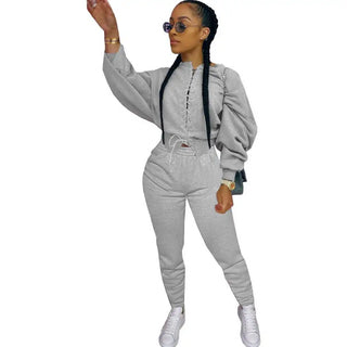 Winter Women Clothing Solid Color Bandage Cotton Outfit Tracksuit Sweatsuit Two Piece Jogger Set