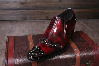 Italian Shoes Men Leather Wine Red Colors Weddding High Heels Oxfords Snake Skin Pointed Toe Burgundy Dress Loafers Rivets