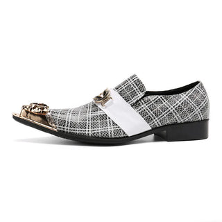 Fashion Gingham Pattern Men Genuine Leather Shoes Business Office Metal Pointed Toe Formal Shoes Wedding Nightclubs Dress Shoes