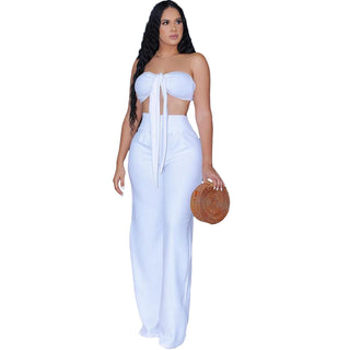 New Fashion summer women clothing tie bra strapless crop top and wed leg long pants two piece sets