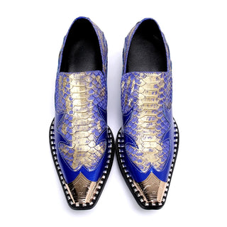 Blue Patchwork Men Party Slip on Shoes Big Size Cow Leather Formal Business Shoes Fashion Square Toe Social Nightclub Man Shoes