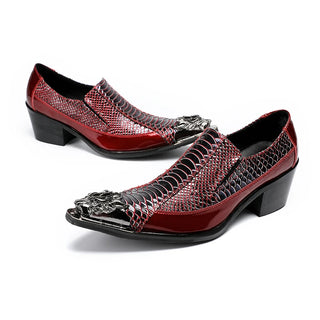 fashion red metal pointed toe mid heel Slip on shoes Genuine leather Dress shoes male wedding prom party evening formal shoes